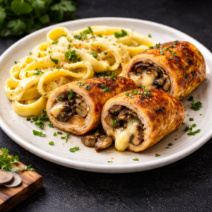 Chicken Rolls with Mushrooms and Mozzarella, Creamy Garlic Pasta