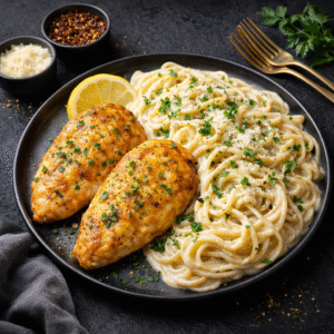 Egg-Butterred Chicken Breast with Creamy Garlic Pasta