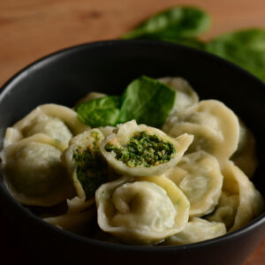 Salmon and spinach pelmeni (dumplings)