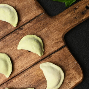 Spinach and brined cheese varenyky (Pierogi)