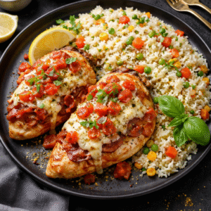Oven-Baked Chicken Breast with Bacon, Tomato and Mozzarella, Vegetable Rice